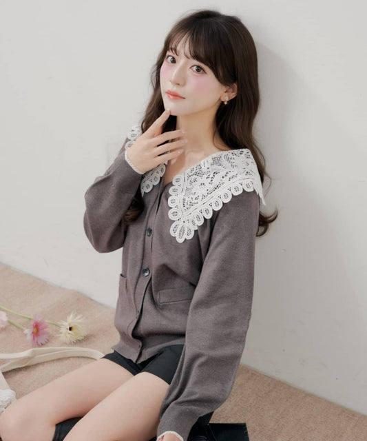蕾絲領口 寬鬆 針織開衫 くるみ合作企劃