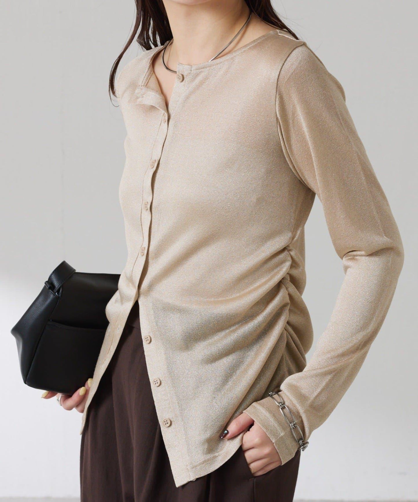 側褶皺設計 針織開衫