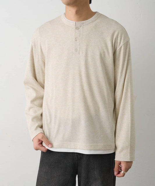 針織風疊穿感亨利領長袖T恤