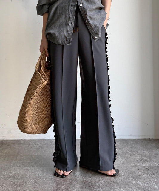 彈力喬其紗側邊荷葉邊褲子（網絡限定）