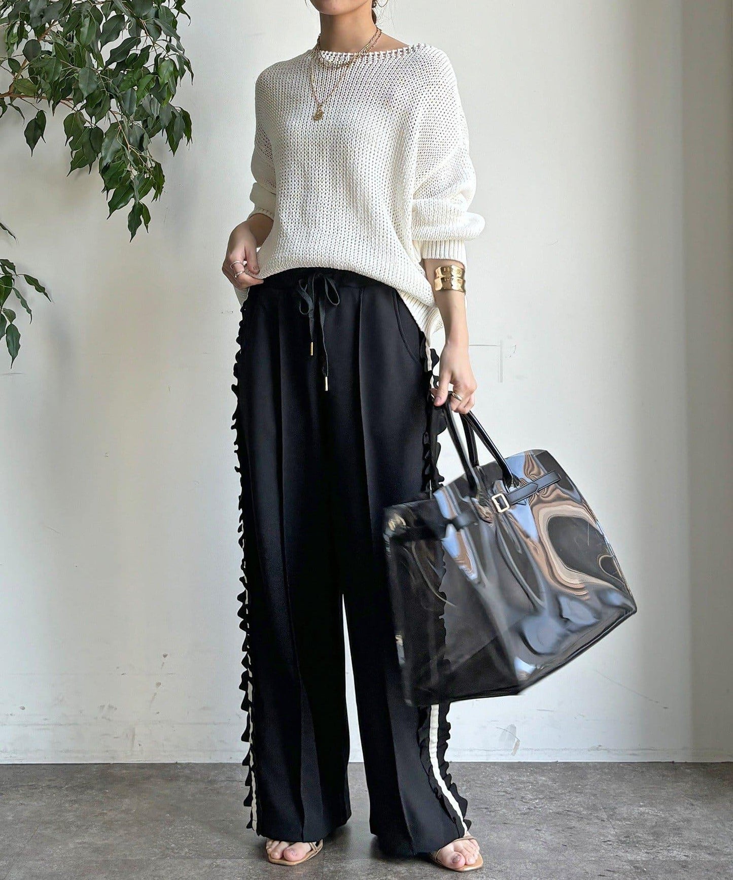 彈力喬其紗側邊荷葉邊褲子（網絡限定）