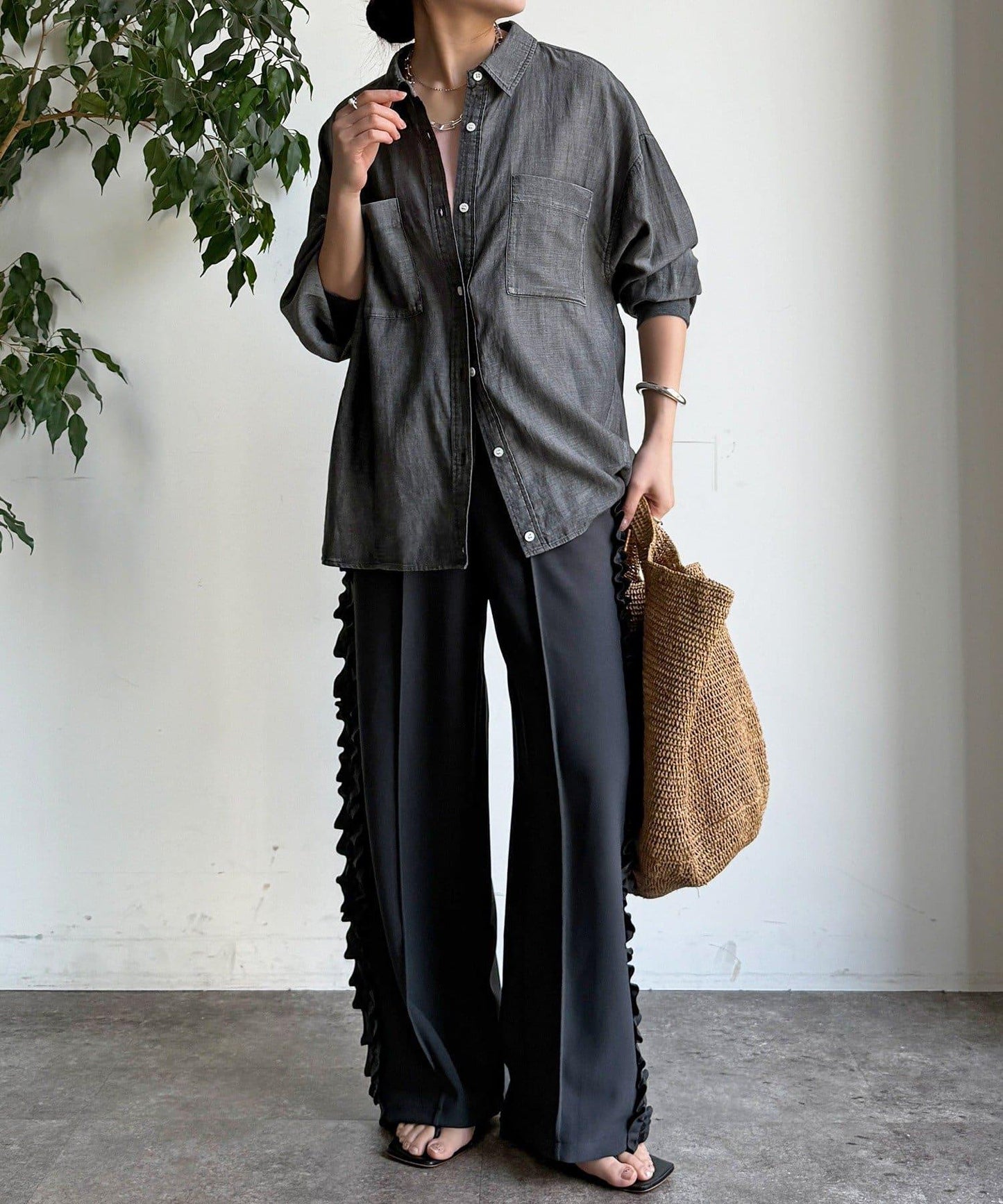 彈力喬其紗側邊荷葉邊褲子（網絡限定）