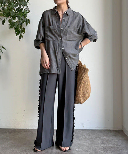 彈力喬其紗側邊荷葉邊褲子（網絡限定）