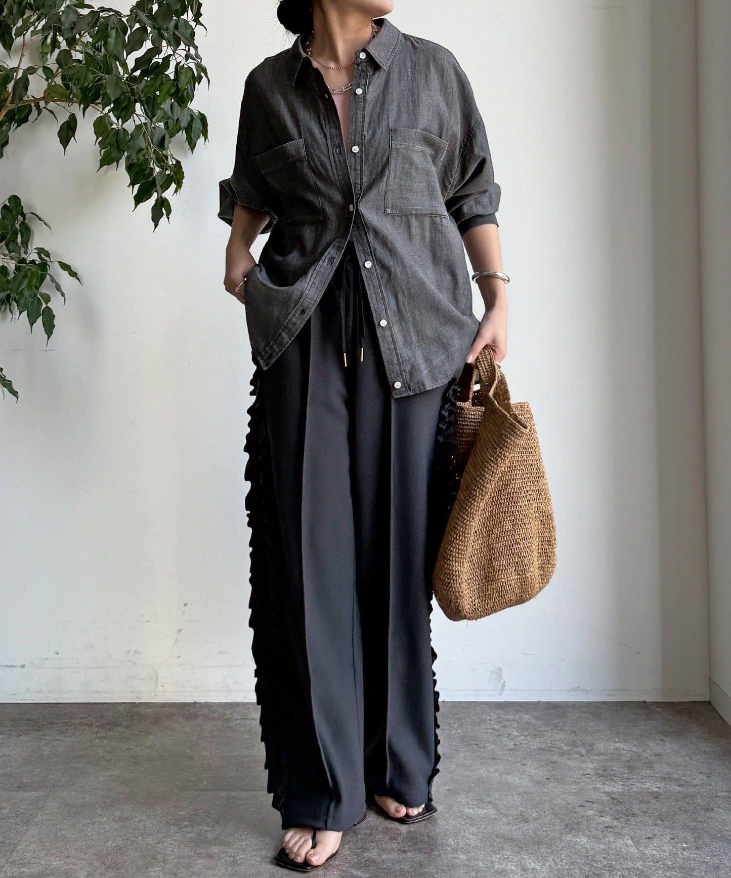 彈力喬其紗側邊荷葉邊褲子（網絡限定）