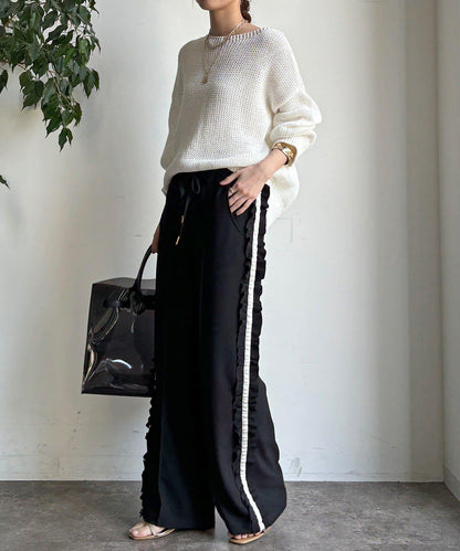 彈力喬其紗側邊荷葉邊褲子（網絡限定）