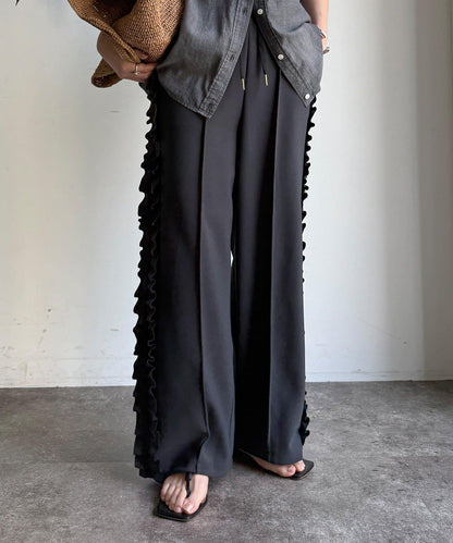 彈力喬其紗側邊荷葉邊褲子（網絡限定）