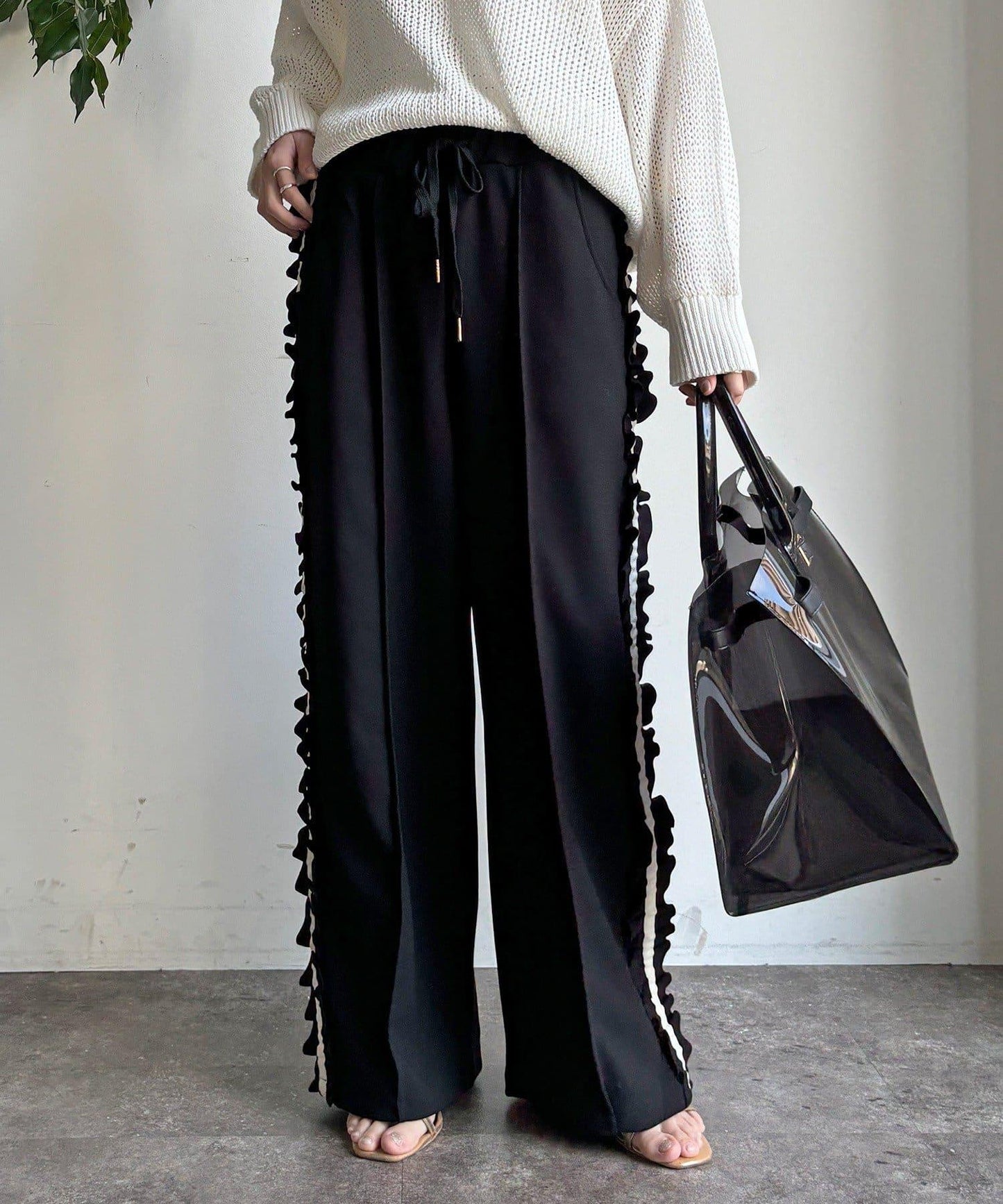 彈力喬其紗側邊荷葉邊褲子（網絡限定）