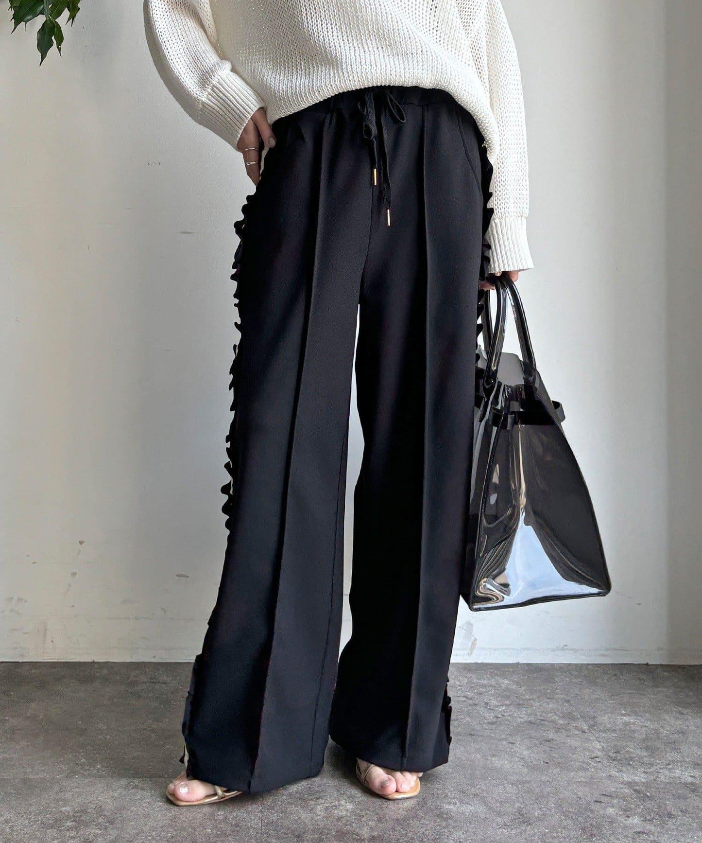 彈力喬其紗側邊荷葉邊褲子（網絡限定）