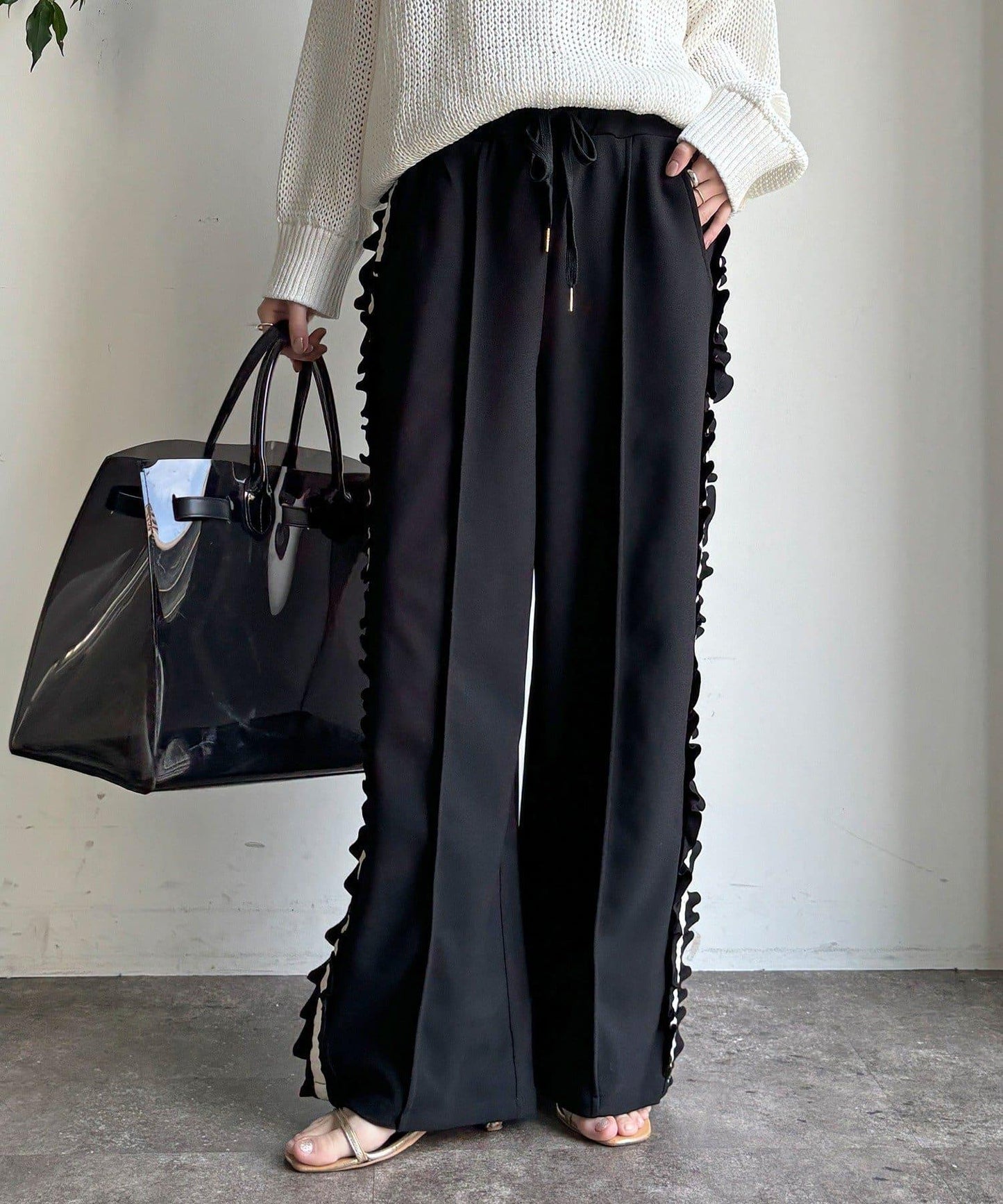 彈力喬其紗側邊荷葉邊褲子（網絡限定）