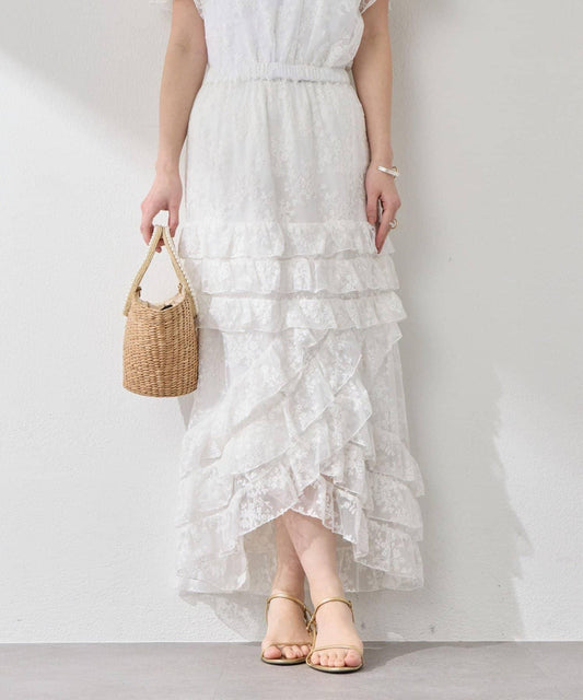 刺繡荷葉邊薄紗長款半身裙