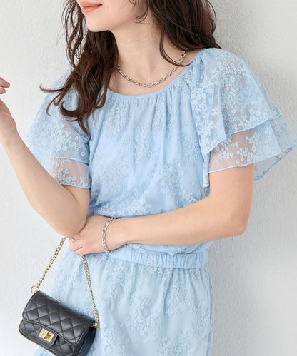 網紗刺繡 荷葉袖 襯衫