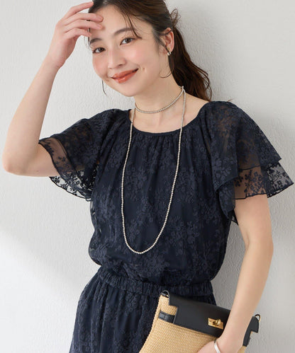 網紗刺繡 荷葉袖 襯衫