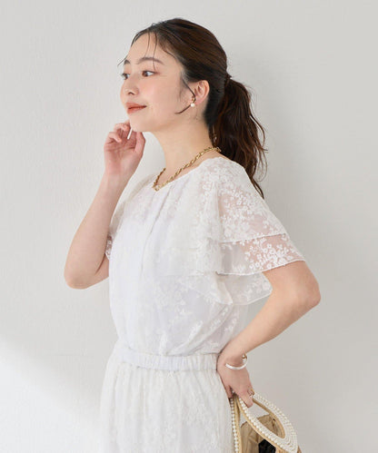 網紗刺繡 荷葉袖 襯衫