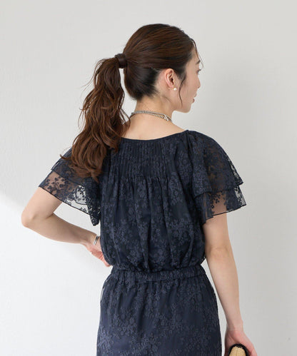 網紗刺繡 荷葉袖 襯衫