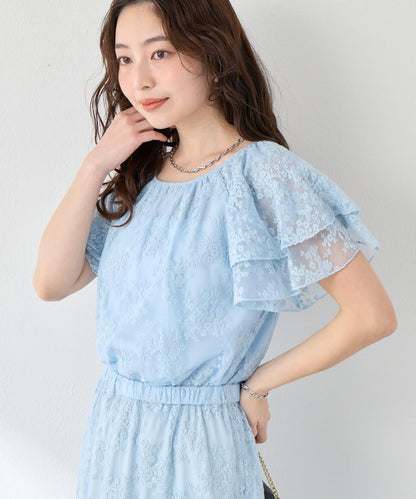 網紗刺繡 荷葉袖 襯衫