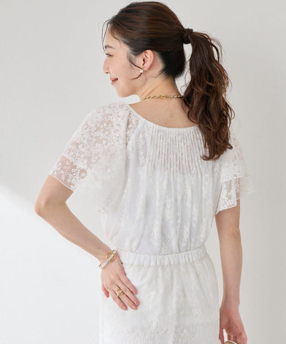 網紗刺繡 荷葉袖 襯衫