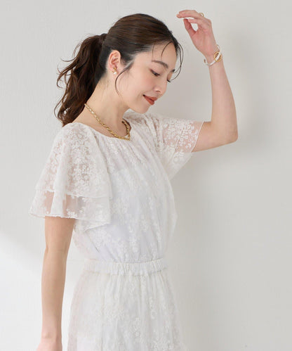 網紗刺繡 荷葉袖 襯衫