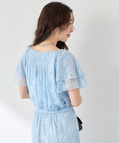 網紗刺繡 荷葉袖 襯衫