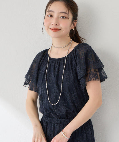 網紗刺繡 荷葉袖 襯衫