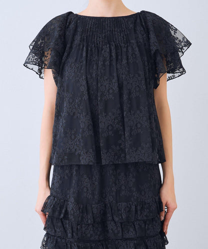 網紗刺繡 荷葉袖 襯衫