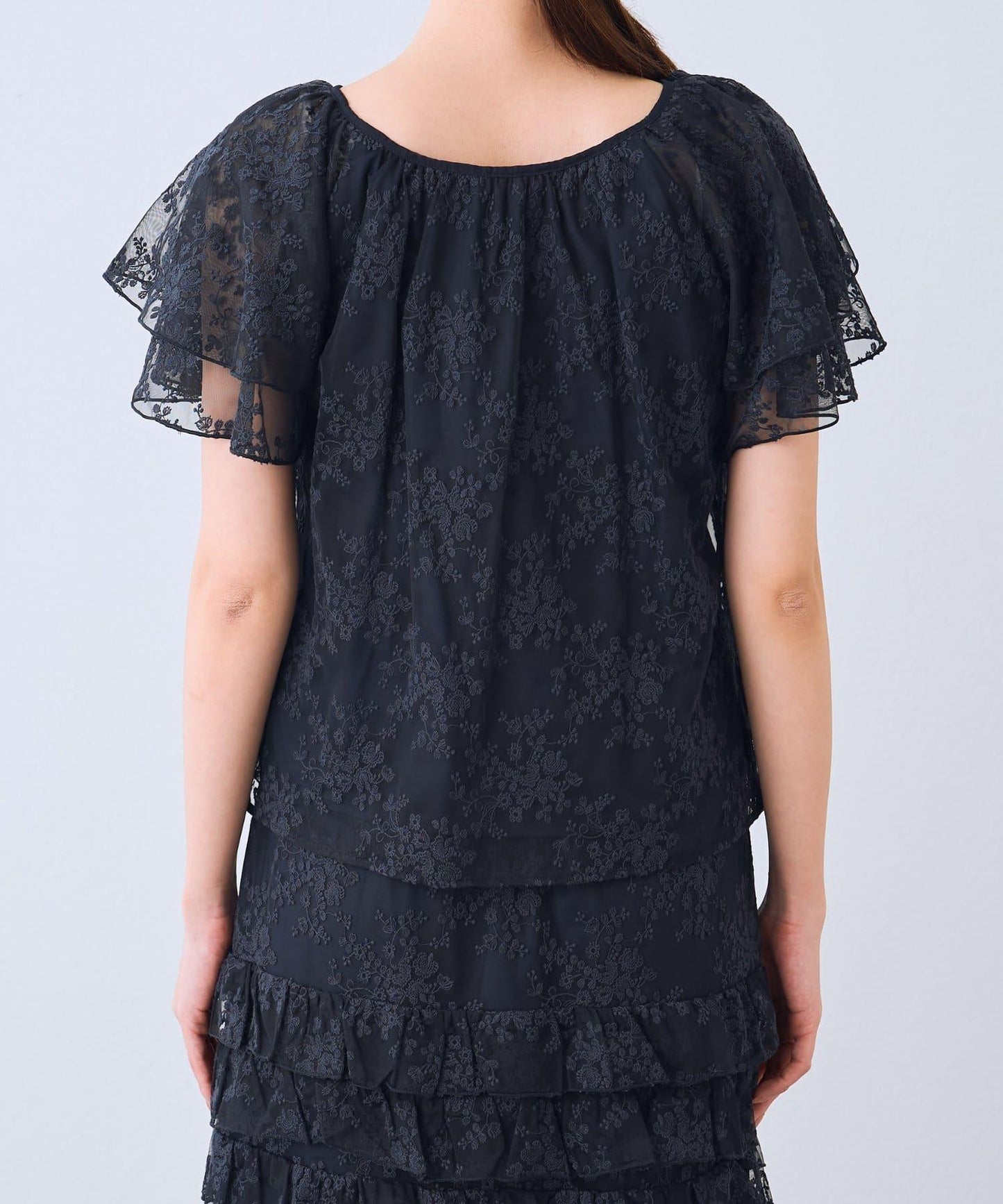 網紗刺繡 荷葉袖 襯衫