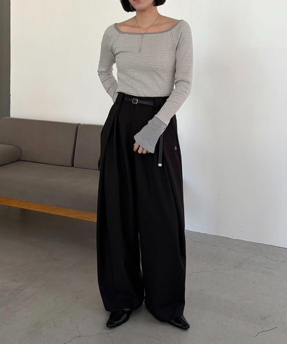 C.L 皮革腰帶設計 不規則褶襉 褲子