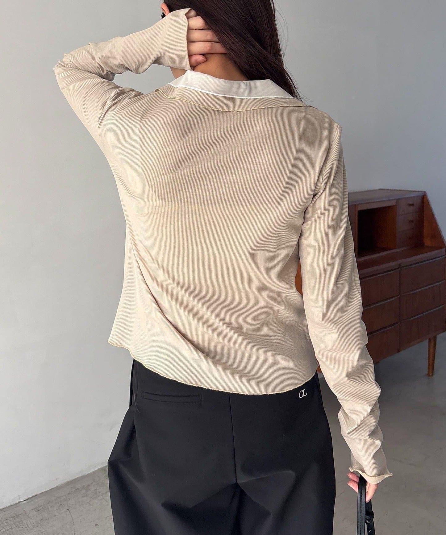 可持續 C.L 透膚疊穿羅紋長袖T恤