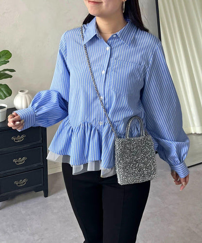 下襬荷葉邊網紗泡泡袖襯衫