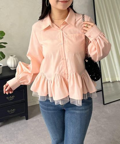 下襬荷葉邊網紗泡泡袖襯衫