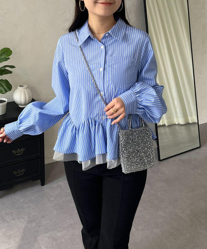 下襬荷葉邊網紗泡泡袖襯衫