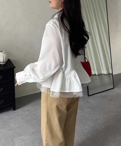 下襬荷葉邊網紗泡泡袖襯衫