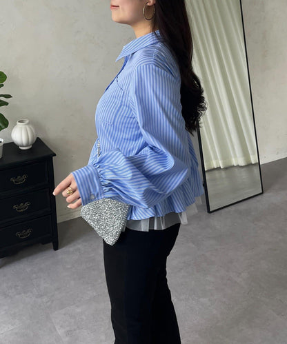 下襬荷葉邊網紗泡泡袖襯衫