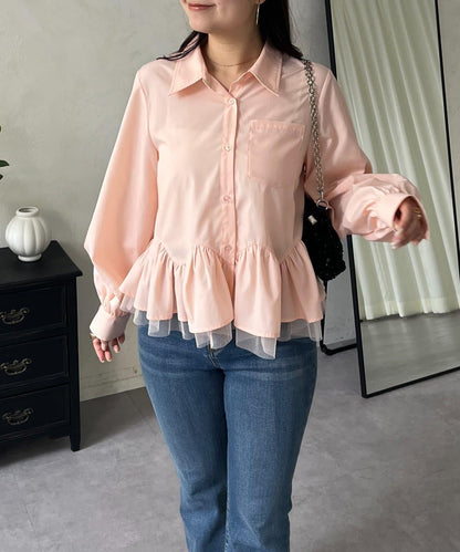下襬荷葉邊網紗泡泡袖襯衫