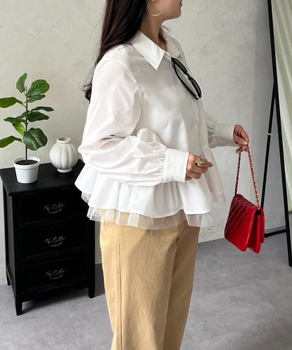 下襬荷葉邊網紗泡泡袖襯衫