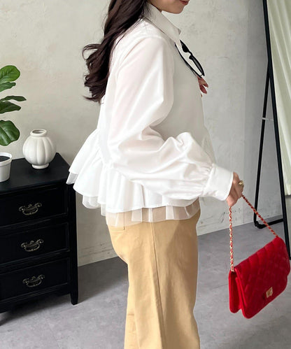 下襬荷葉邊網紗泡泡袖襯衫