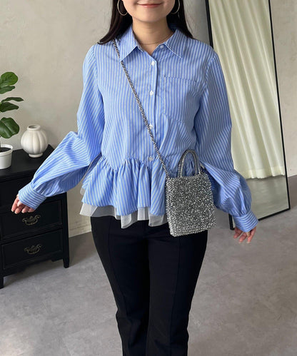 下襬荷葉邊網紗泡泡袖襯衫