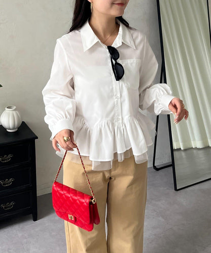 下襬荷葉邊網紗泡泡袖襯衫