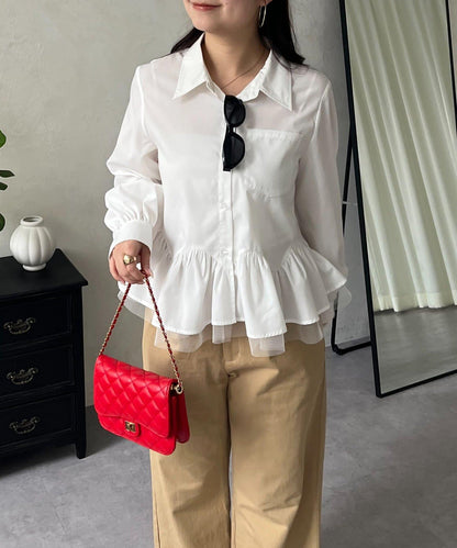 下襬荷葉邊網紗泡泡袖襯衫