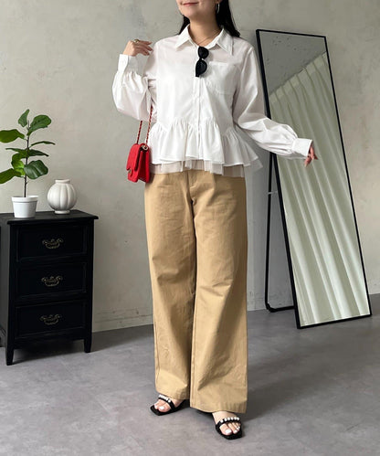 下襬荷葉邊網紗泡泡袖襯衫