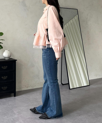 下襬荷葉邊網紗泡泡袖襯衫