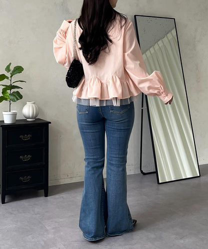 下襬荷葉邊網紗泡泡袖襯衫