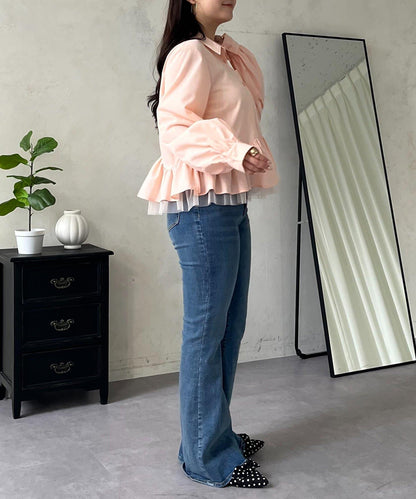 下襬荷葉邊網紗泡泡袖襯衫
