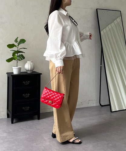 下襬荷葉邊網紗泡泡袖襯衫