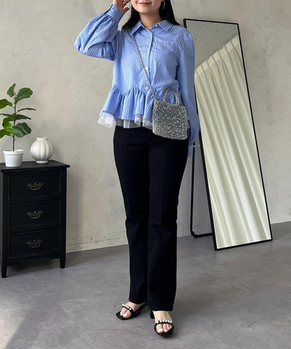 下襬荷葉邊網紗泡泡袖襯衫