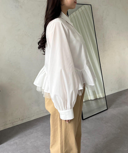 下襬荷葉邊網紗泡泡袖襯衫