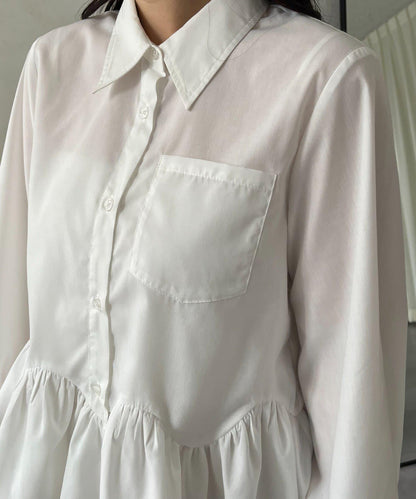 下襬荷葉邊網紗泡泡袖襯衫