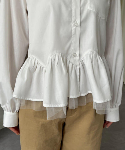 下襬荷葉邊網紗泡泡袖襯衫