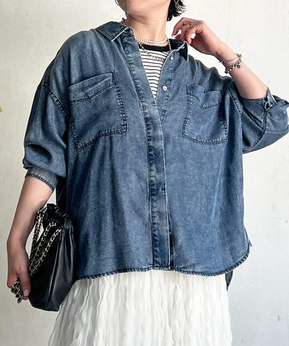 牛仔圓弧下襬襯衫