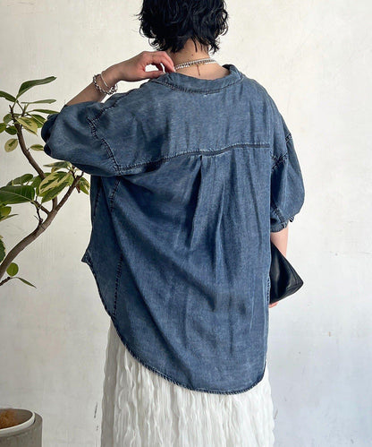 牛仔圓弧下襬襯衫
