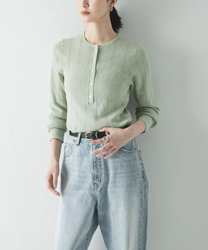 圖案Mesh 亨利領 針織上衣